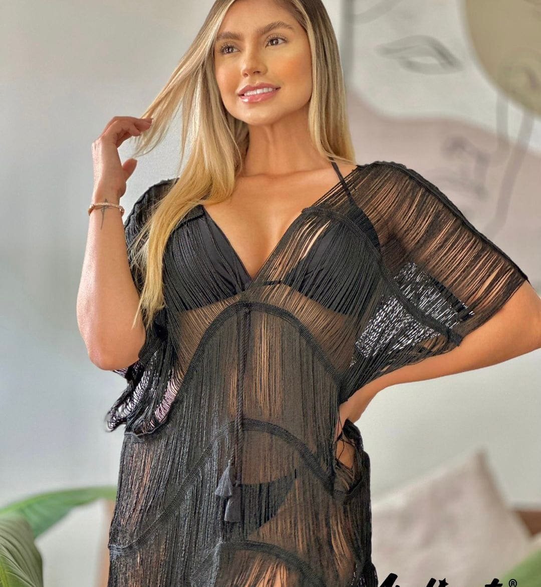 Vestido salida de baño cerrado de malla con flecos y ajuste de cordón